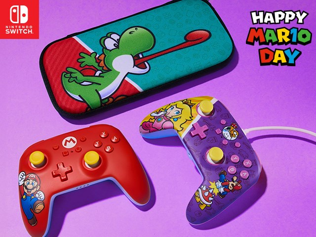Mario, Yoshi and Princess Peach on cases and controllers on a purple background
