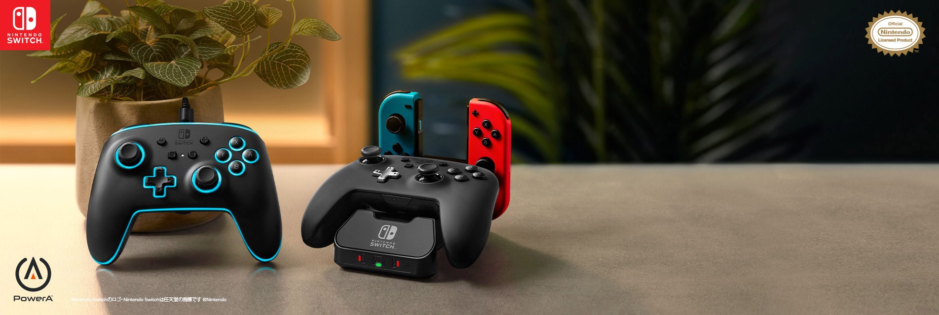 Nintendo Switch controller and charging station on a cozy home background